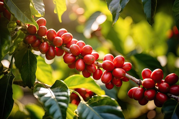 Los granos de café en la rama de un árbol maduran creando café fresco en la industria agrícola del norte de Tailandia