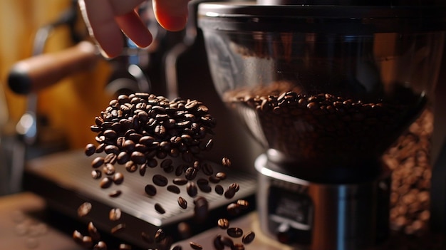 Los granos de café recién molidos se vierte en el molinillo El molinillo de café con granos