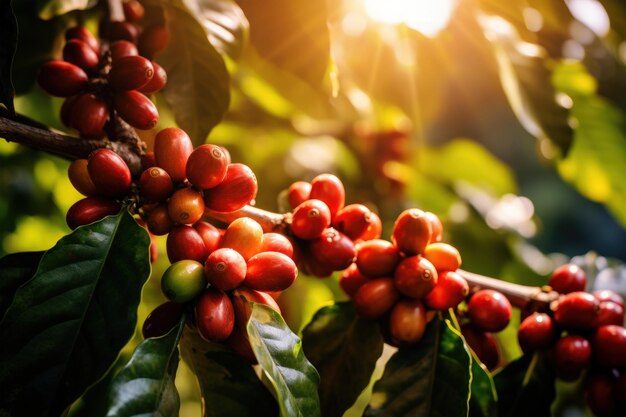 Foto granos de café rojo cereza en la rama de la planta de café