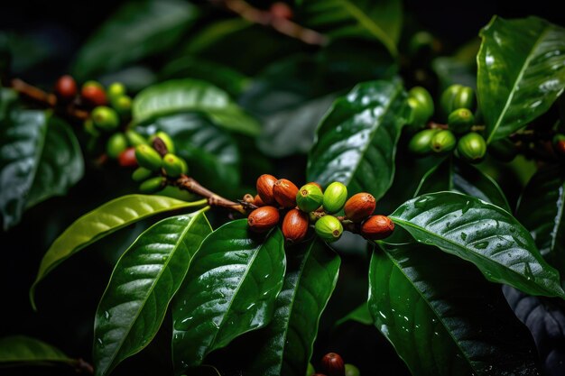 Foto granos de café rojos en un primer plano de una rama