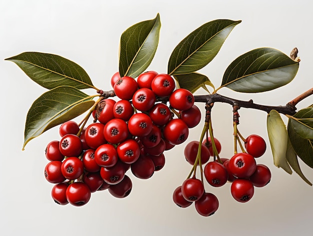 Granos de café rojos en una rama con hojas aisladas sobre un fondo blanco