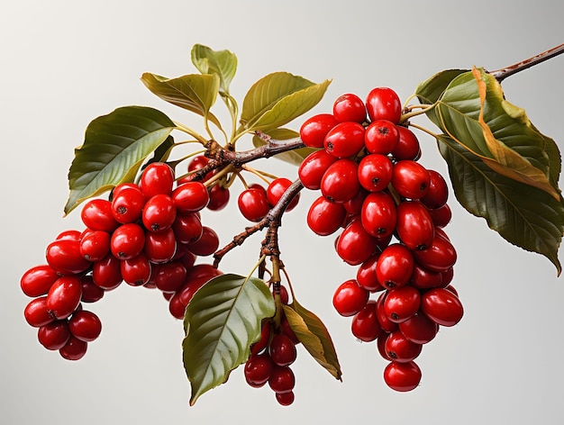 Granos de café rojos en una rama con hojas aisladas sobre un fondo blanco