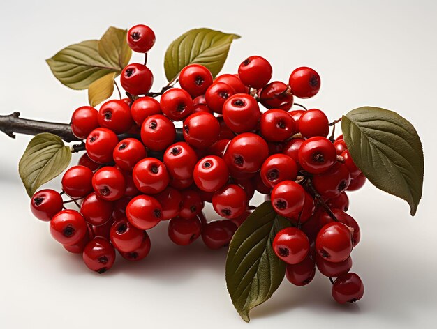 Granos de café rojos en una rama con hojas aisladas sobre un fondo blanco