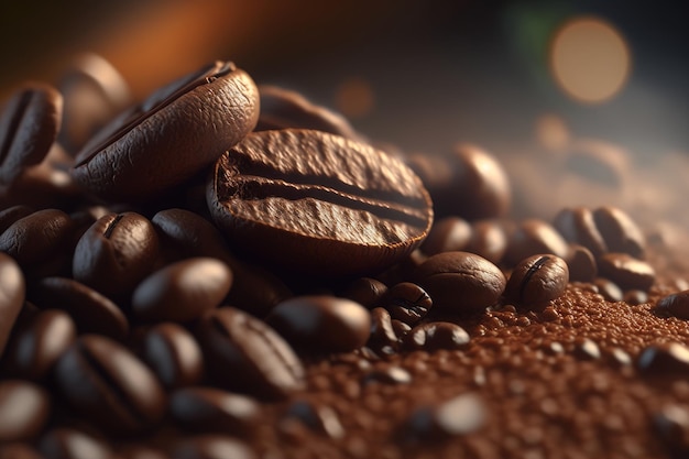 Granos de café sobre fondo marrón con efecto bokeh IA generativa