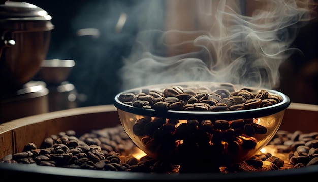Granos de café y taza de café en la mesa de madera con ai generador de humo