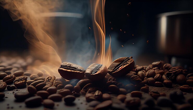 Granos de café y taza de café en la mesa de madera con ai generador de humo