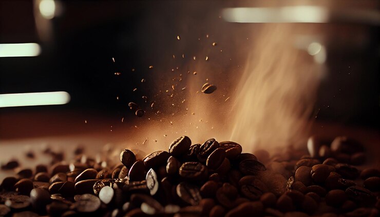 Granos de café y taza de café en la mesa de madera con ai generador de humo