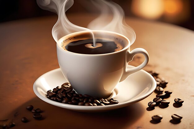 Granos de café y una taza de café en una mesa de madera
