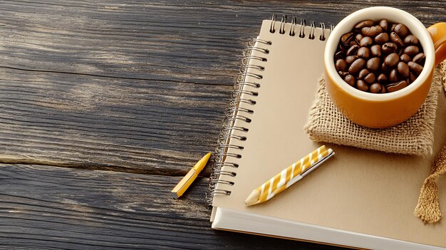 Granos de café en una taza en una mesa de madera con un cuaderno y un lápiz que representan una atmósfera relajante y creativa Fondo en blanco con espacio de copia para proyectos de diseño