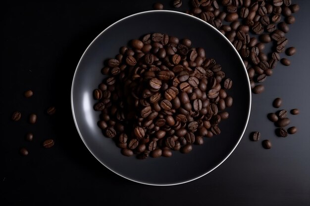 Granos de café en la taza un plato sobre la mesa desde arriba ai generativo