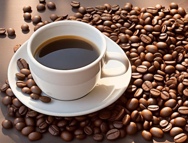 granos de café y taza