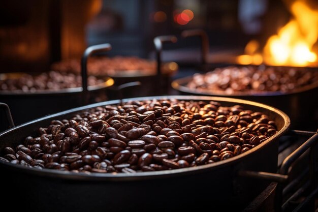 Foto los granos de café en el tostador