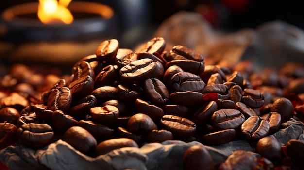 granos de café tostados en una bandeja de madera