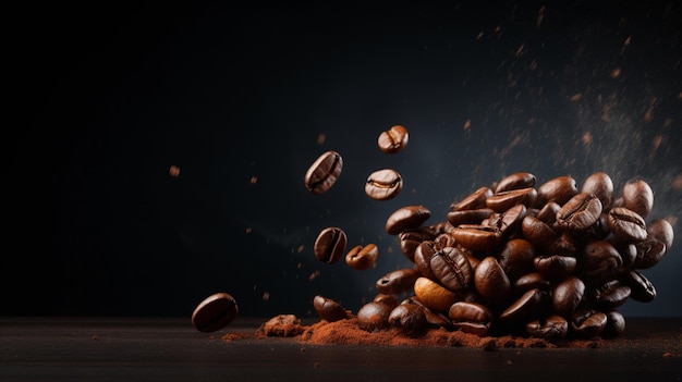 Foto granos de café tostados cayendo en el aire con fondo negro