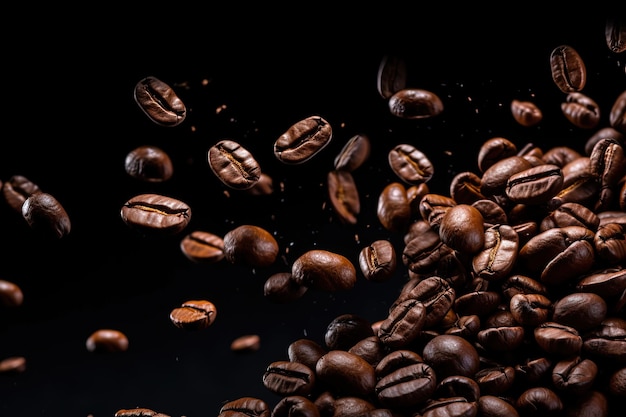 Granos de café tostados cayendo y volando simbolizando un desayuno refrescante para obtener energía en una espalda oscura