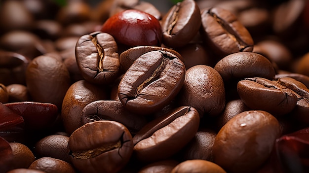 Los granos de café tostados de cerca en el fondo