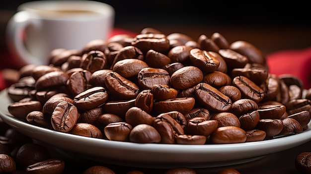 Los granos de café tostados de cerca en el fondo