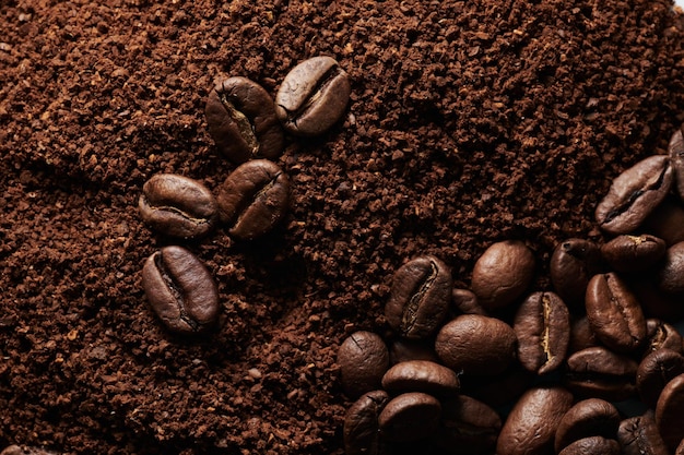 Granos de café tostados diferentes tipos de tierra y todo el fondo de cerca