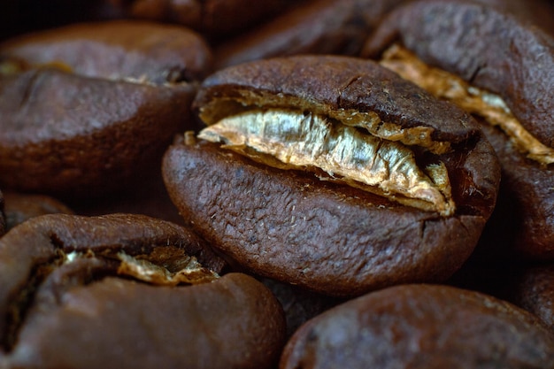 Granos de café tostados esparcidos en orden aleatorio sobre un fondo oscuro. Primer plano de grano de café