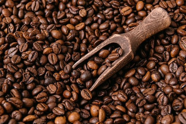 Granos de café tostados con una espátula de madera para café