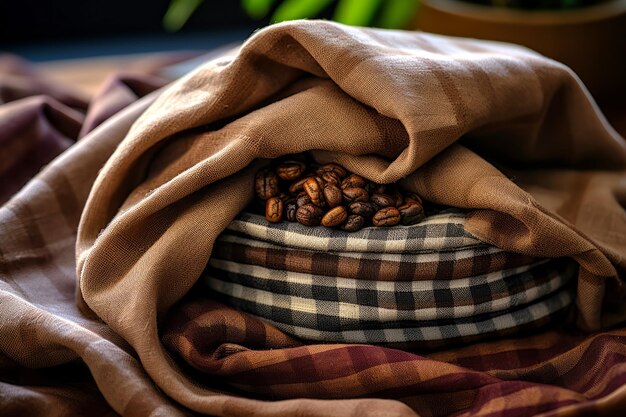 Foto granos de café tostados en la mesa de la cocina con servilletes