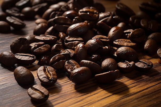 Granos de café tostados en una mesa de madera