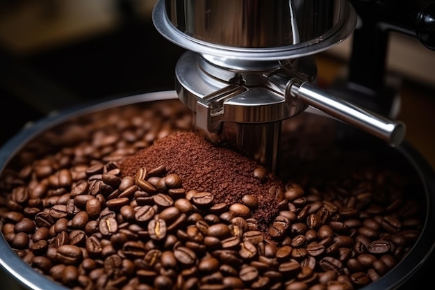 Granos de café tostados en un molinillo de café