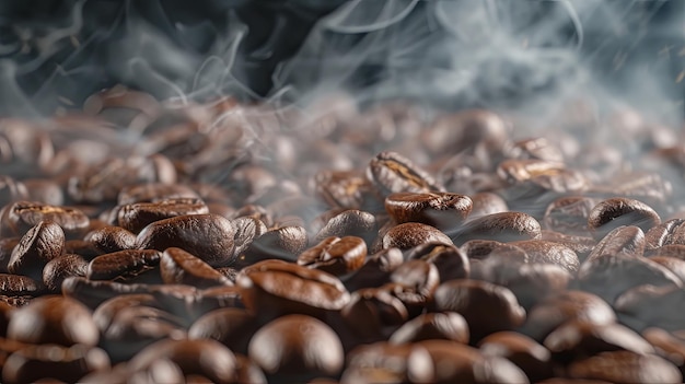 Granos de café tostados con una pancarta de humo Concepto de fondo