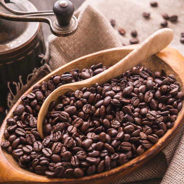 Granos de café tostados secos en cuenco de madera