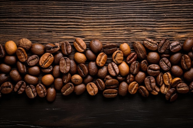 Granos de café tostados sobre textura de fondo de madera y vista superior de espacio de copia