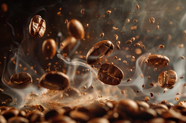 Granos de café tostados volando en el aire con humo en el fondo oscuro