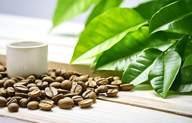 Granos de café verdes y hojas frescas en una mesa de madera blanca suave