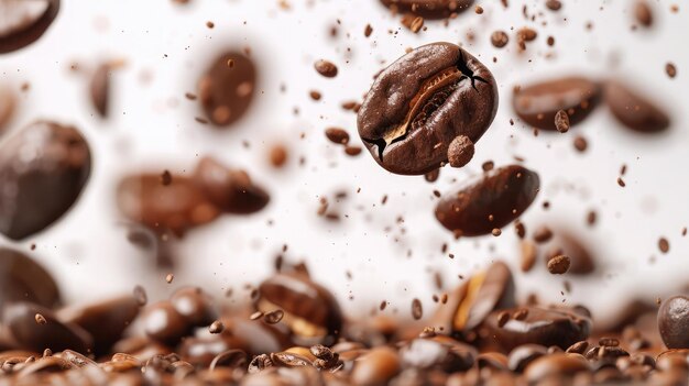 Granos de café en vuelo sobre un fondo blanco