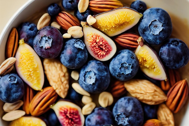 Granos de nueces barra de granola arriba y arándanos frescos para el desayuno dietético