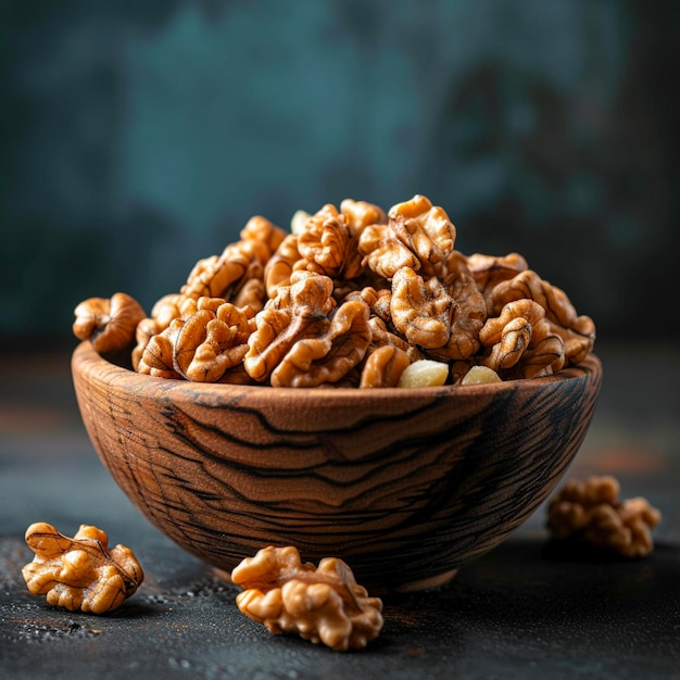 Granos de nueces en un escritorio oscuro con fondo de color Nuez entera en un cuenco de madera vintage