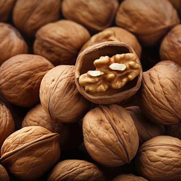 Granos de nueces y nueces enteras en la vista superior de fondo de madera