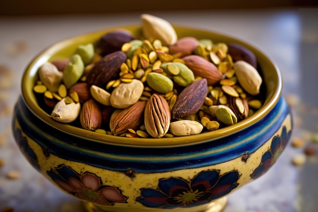 Los granos de pistacho secan la fruta y la comida colmadas en un bol foto de archivo