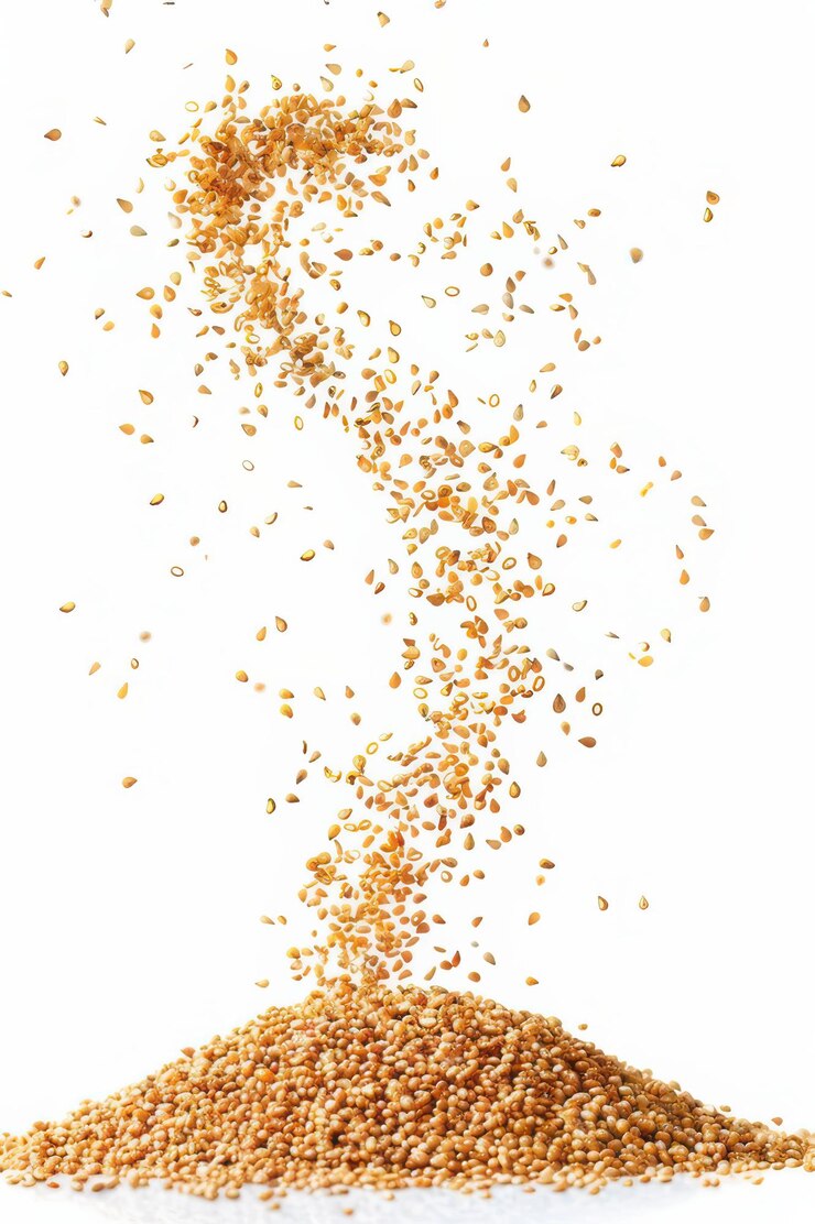 Los granos de trigo caen en una pila contra un fondo blanco que muestra su color dorado y textura natural