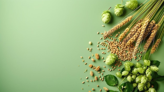 Los granos de trigo, el lúpulo y la cebada en un fondo verde dispuestos en un patrón decorativo