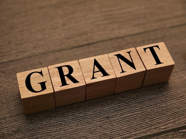 Grant-Text-Wörter Typografie geschrieben mit hölzernen Buchstaben Leben und Geschäft