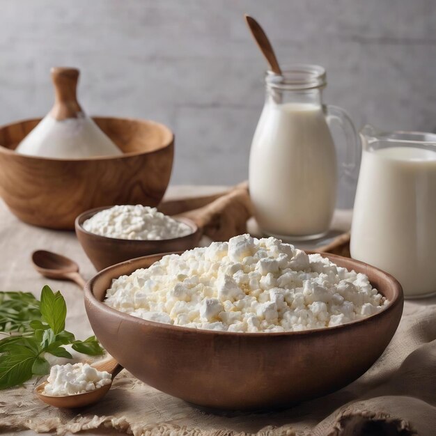 Granulierter Hüttekäse in einer Lehmschüssel neben einem Holzlöffel und einem Milchkrug