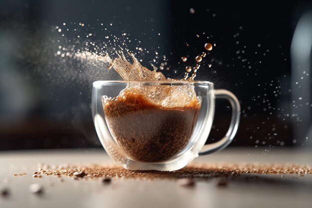 Gránulos de azúcar cayendo suavemente en una taza de café enfatizando la textura y el flujo