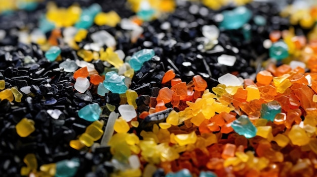 Grânulos de plástico esmagados reciclados transformados em novo material reutilizado crossover de plástico