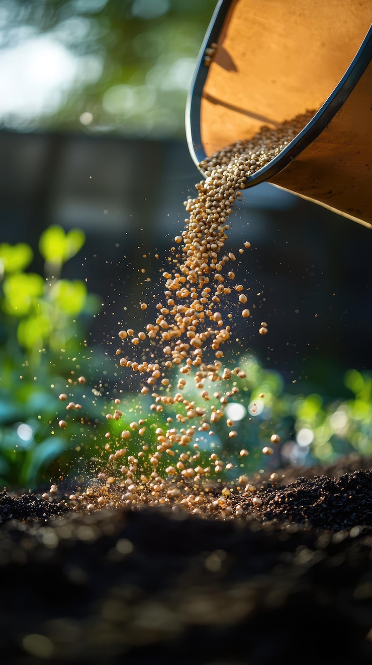 Foto los gránulos de fertilizante se vierte de la bolsa creando una hermosa cascada de pequeñas cuentas que brillan a la luz del sol esta escena captura la esencia de la jardinería y el cuidado de las plantas