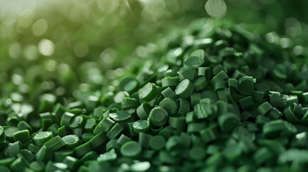 Gránulos de plástico verdes Fondo de primer plano Granulos de plástico de polímero Perlas de plástico de resina de polímero
