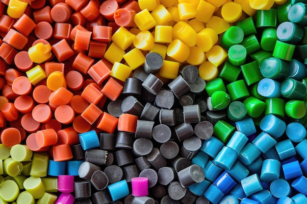 Gránulos triturados de polímeros multicolores hechos de plástico reciclado