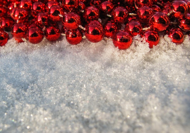 Grânulos vermelhos em um fundo de neve fresca em um dia ensolarado. Espaço para copiar, enviar texto, suas palavras. Horizontal