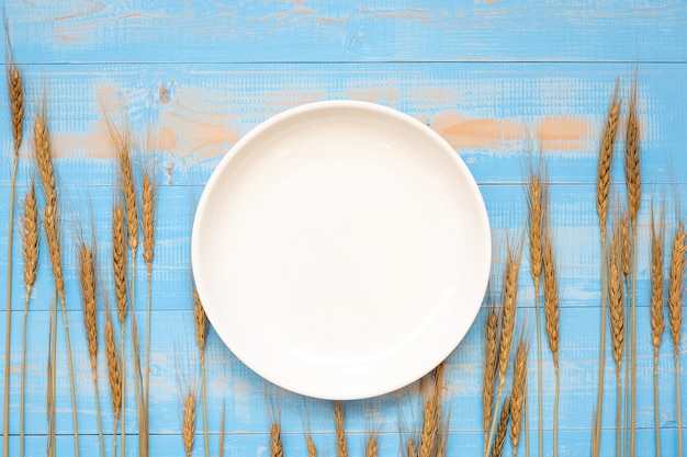 Grão branco vazio das orelhas do prato e do trigo no fundo de madeira azul.