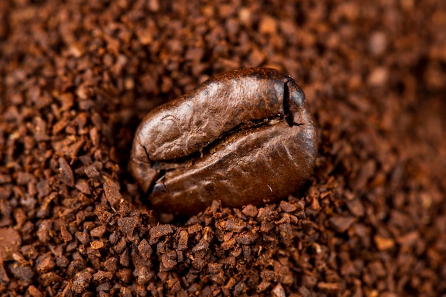 Grão de café em close-up em pó de café