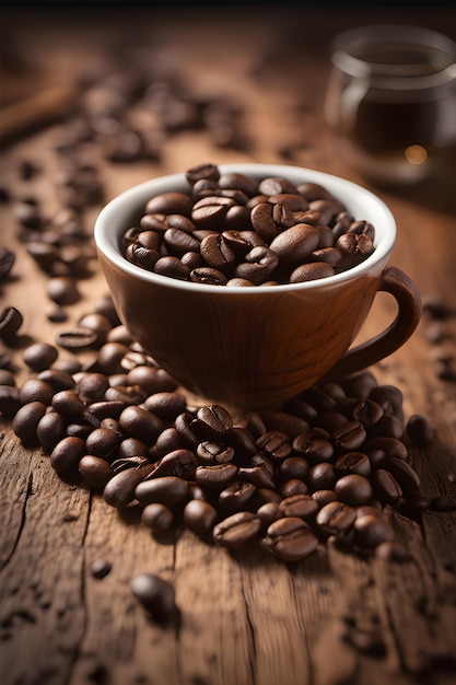 Grão de café na mesa de madeira